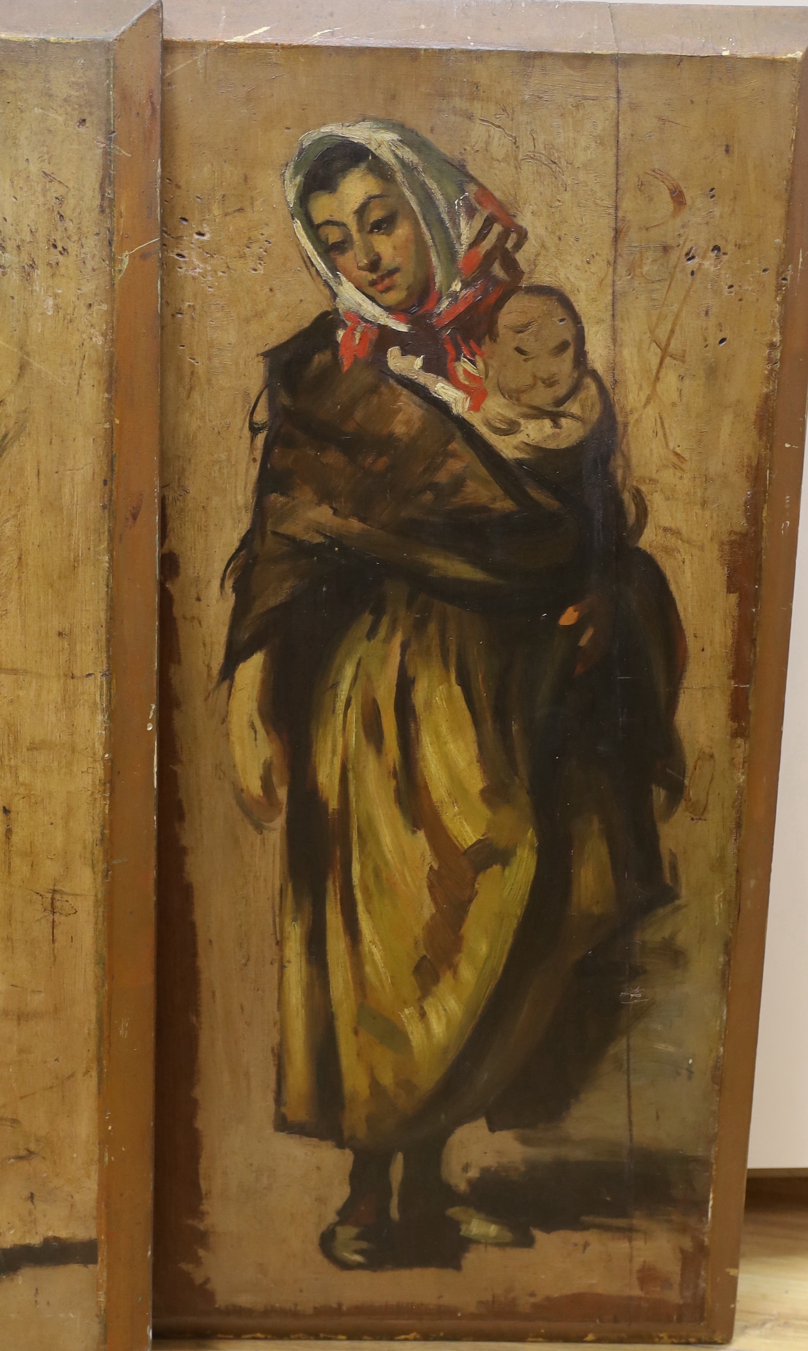 Italian School c.1900, pair of oils on panel, Italian figures, mother and child, and street musician, overall 68 x 35cm